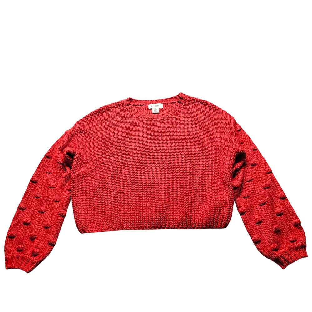 Jessica Simpson Red Bobble Sleeve Cropped Sweater Womens M Chunky Knit Pullover